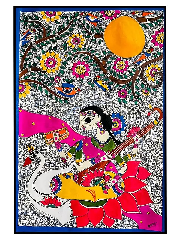 Goddess Saraswati Playing Veena | Acrylic On Handmade Paper | With Frame | By Mrunamayee Chandurkar Bakal