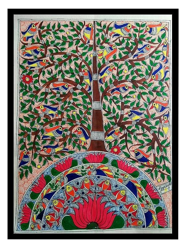 Madhubani Tree And Fauna And Flora Painting | Acrylic On Handmade Paper | With Frame | By Mrunamayee Chandurkar Bakal