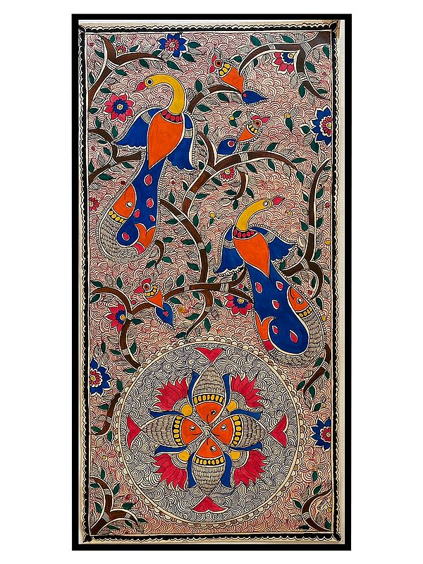 Peacock And Fishes Madhubani Painting | Acrylic On Handmade Paper | With Frame | By Mrunamayee Chandurkar Bakal