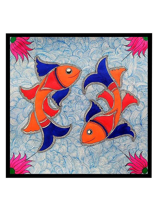 Two Fish Madhubani Painting| Acrylic On Handmade Paper | With Frame | By Mrunamayee Chandurkar Bakal