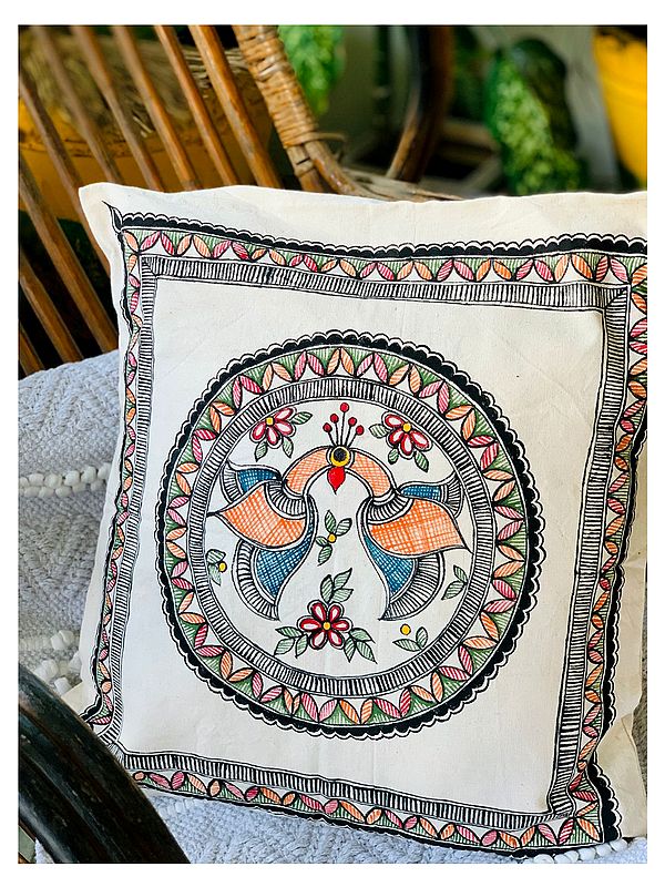 Madhubani Art Work Handpainted Cushion Cover Pure Cotton| Mrunamayee Chandurkar Bakal