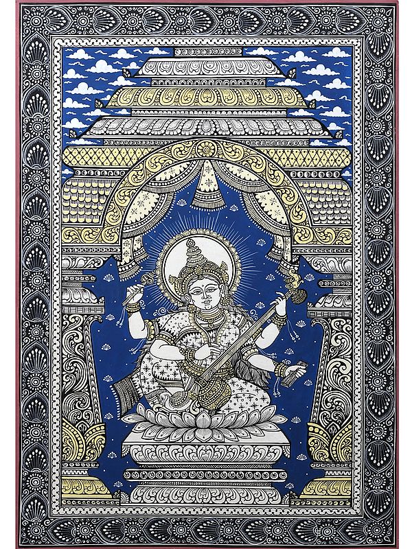 Devi Saraswati Seated on Lotus Playing Veena | Pattachitra Painting from Odisha