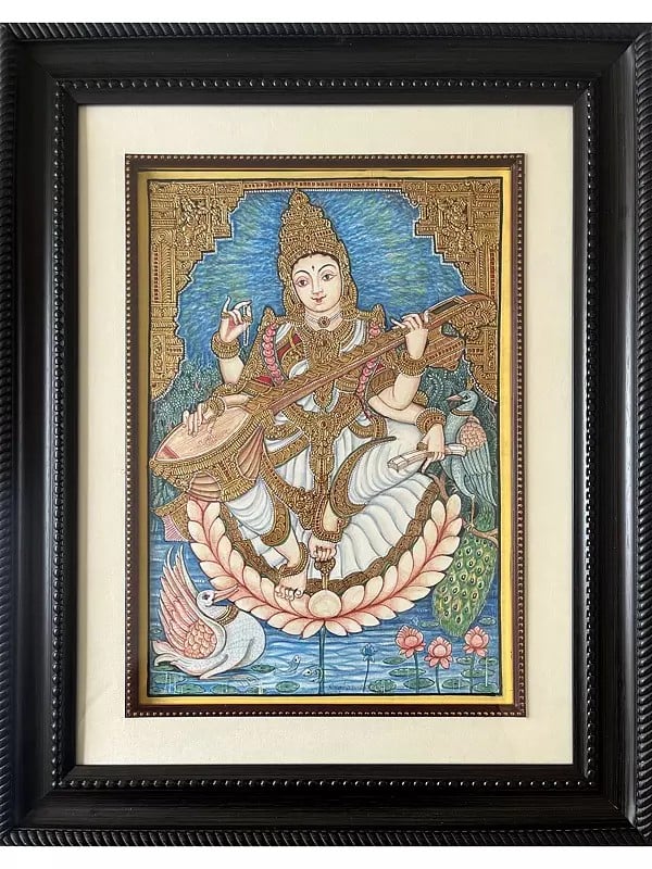 Goddess Saraswati And  Hamsa Bird | Watercolors  | With Frame | Shagun Sengar Shah