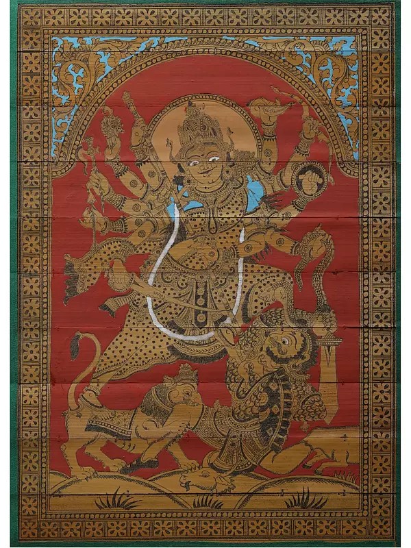 Ten Armed Goddess Durga Killing Demon Mahishasura | Pattachitra Painting on Palm Leaf