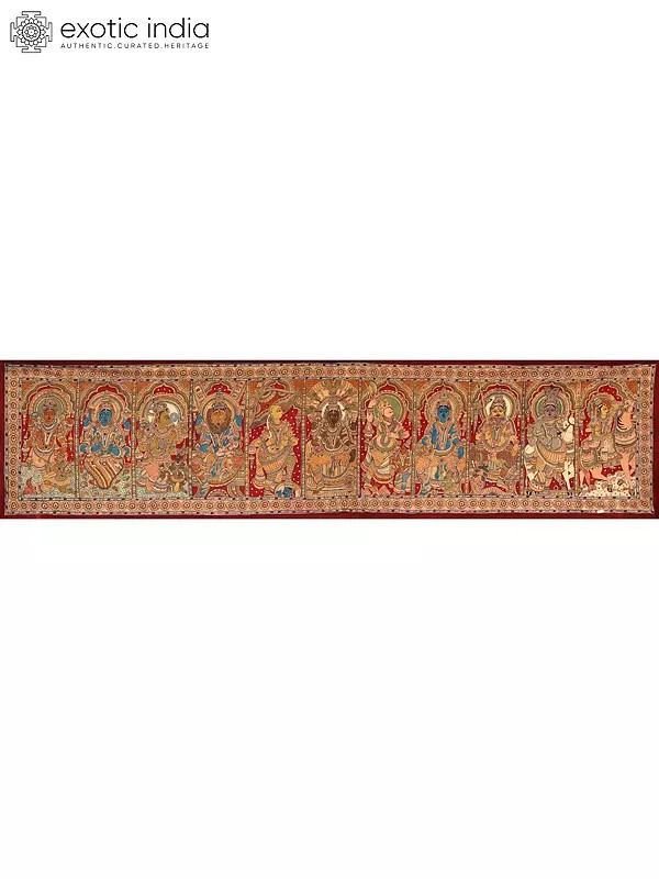 Huge and Superfine Dashavatara Kalamkari Painting with Lord Vishnu at Center