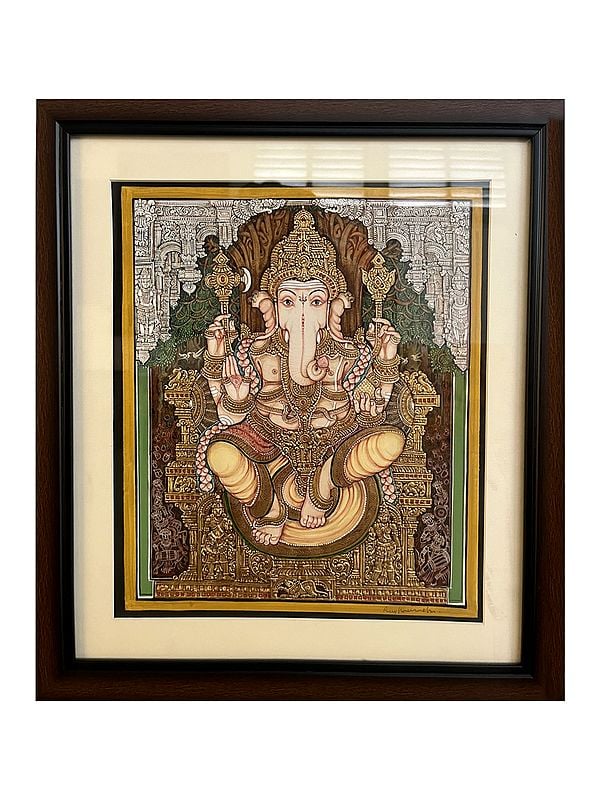 Lord Ganesha With Tree Of Life | Mysore Watercolor Painting With Frame | 22 Carat Gold Leaf