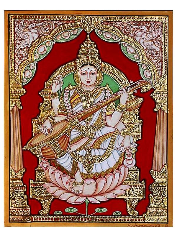 Goddess Saraswati With Sitar | Mysore Painting With Frame | Watercolor And 22 Carat Gold Leaf