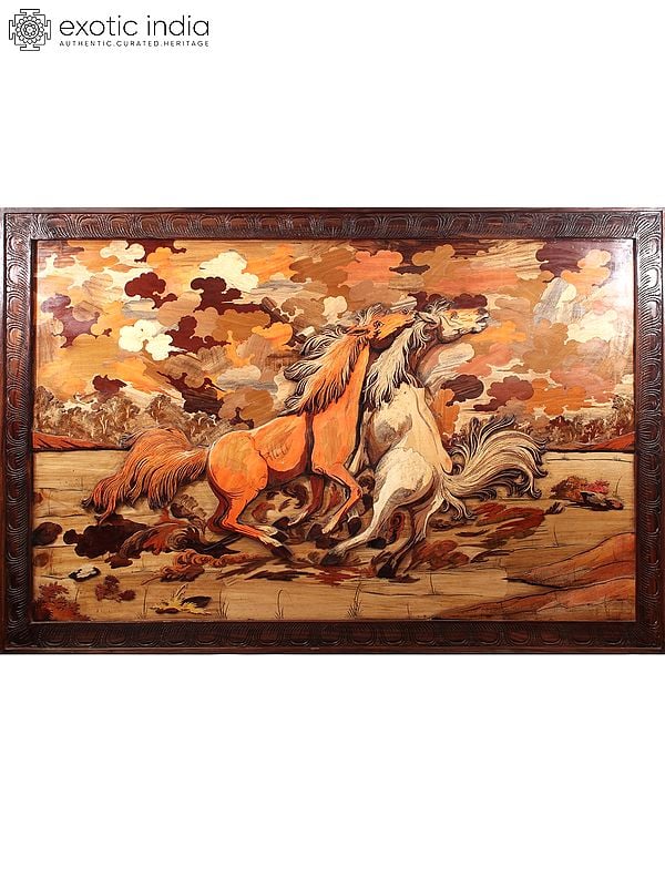 72" Large Pair of Two Horses | 3D Panel in Rosewood with Inlay Work