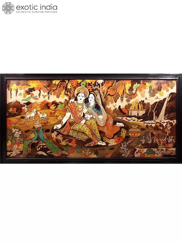 96" Large Superfine Radha Krishna Seated Under the Tree | Colorful 3D Panel in Rosewood with Inlay Work
