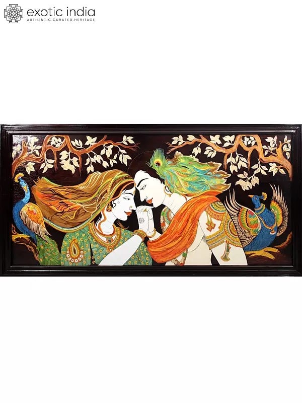 96" Large Divine Love of Radha Krishna | Superfine 3D Panel in Rosewood with Inlay Work