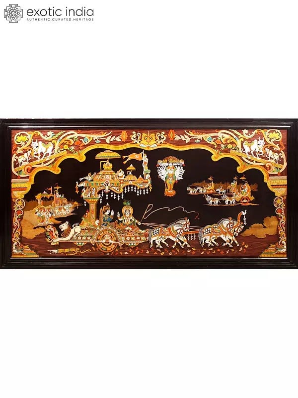 96" Large Geeta Upadesha with Vishvarupa of Lord Vishnu | Superfine Colorful 3D Panel in Rosewood with Inlay Work