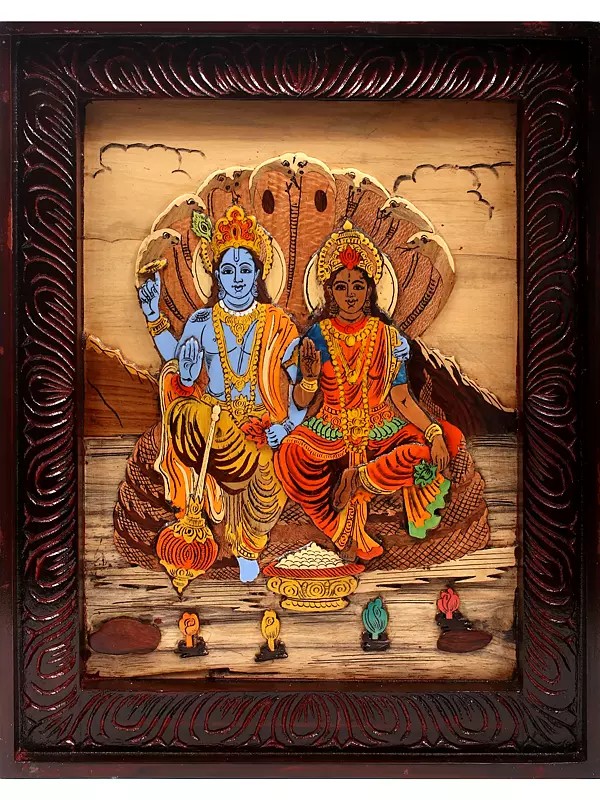 18" Lakshmi Narayan Seated on Sheshnag | 3D Panel in Rosewood with Inlay Work