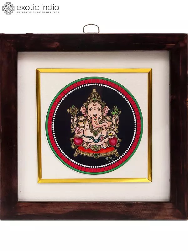 8" Lord Ganesha Seated on Pedestal | Framed Ganjifa Painting