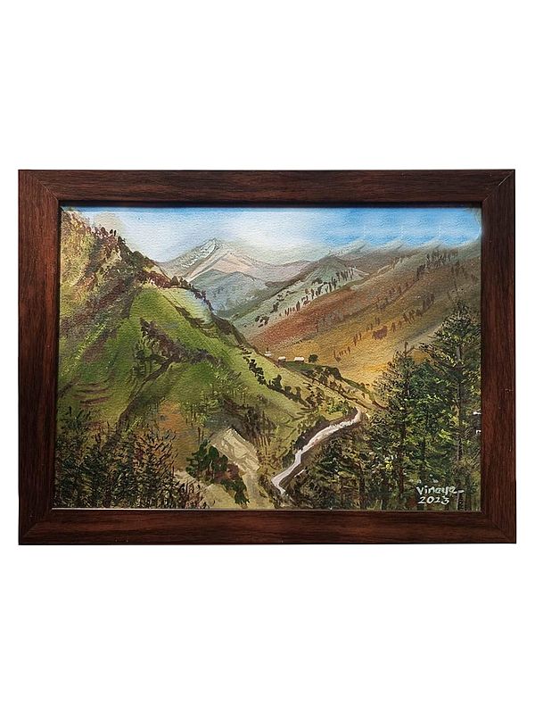 A Quiet Path Between The Mountains | With Frame | Acrylic On Canvas | By Vinaya
