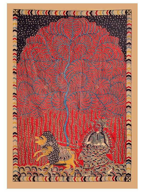 Goddess Chamunda With Lions | Mata Ni Pachedi | Natural Color On Cloth | By Dilip Chitara