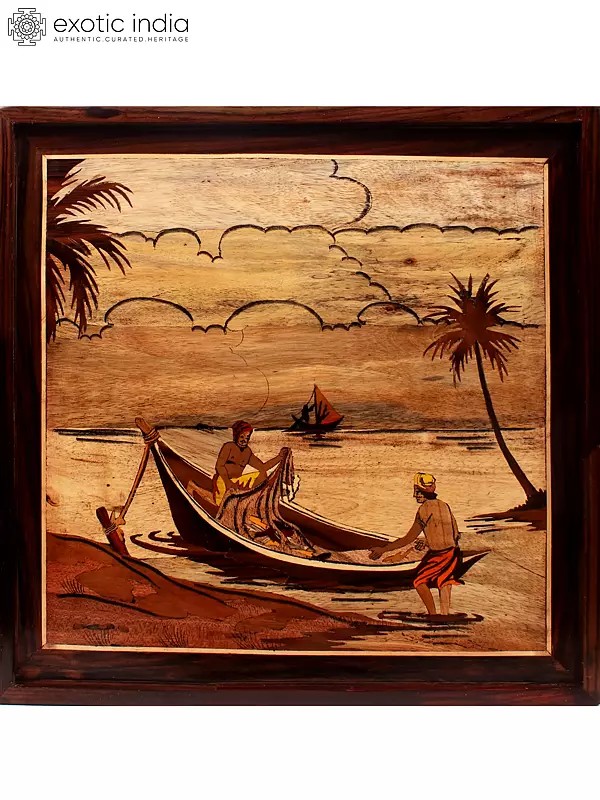 19" Fishermen on The Boat | Rosewood Panel with Inlay Work
