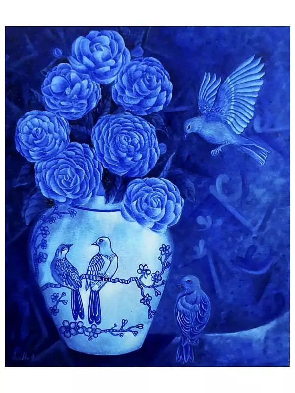 Bunch Of Flowers In Vase With Birds | Oil On Canvas | By Anindita Dey
