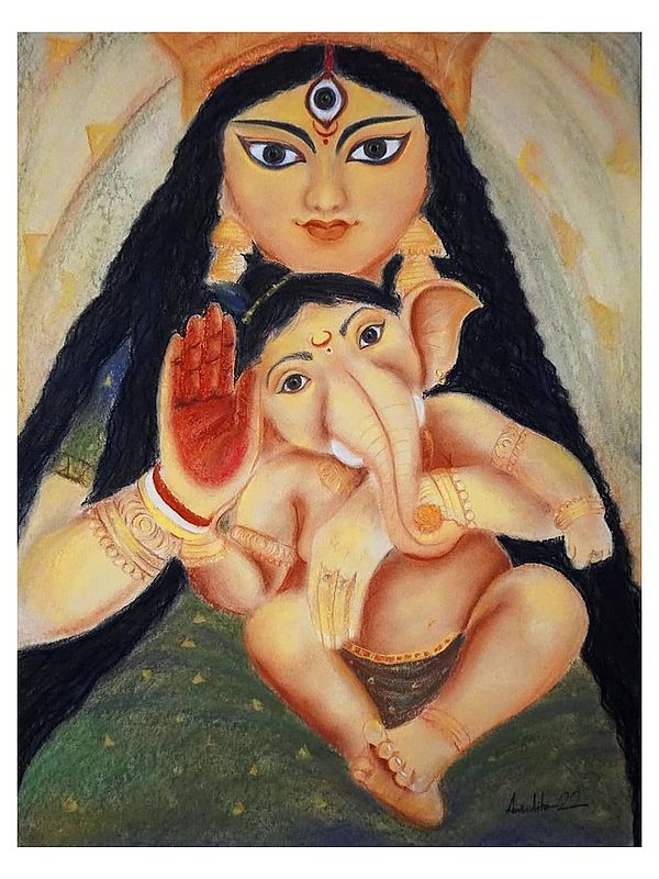 Goddess Parvati With Baby Ganesha | Mixed Media On Paper | By Anindita Dey