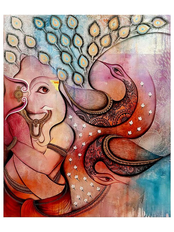 Lord Ganesha With Peacock | Mixed Media On Canvas | By Mohit Bhardwaj