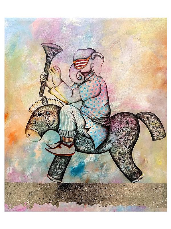 Horse Riding Of Ganesha | Mixed Media On Canvas | By Mohit Bhardwaj
