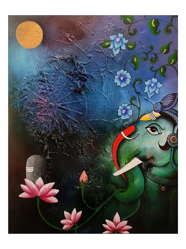 Lord Ganesha With Shiva Linga | Mixed Media On Canvas | By Mohit Bhardwaj