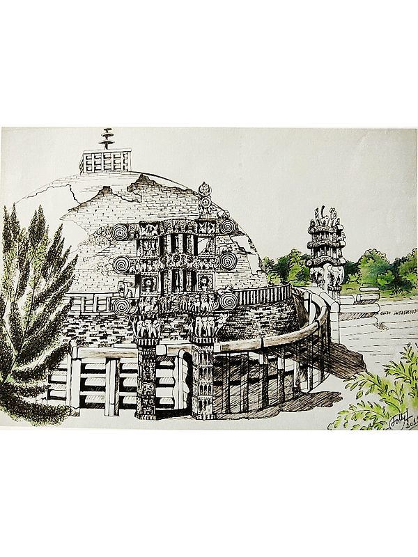 Sketch of Sanchi Stupa | Ink on Paper | By Jolly Agarwal