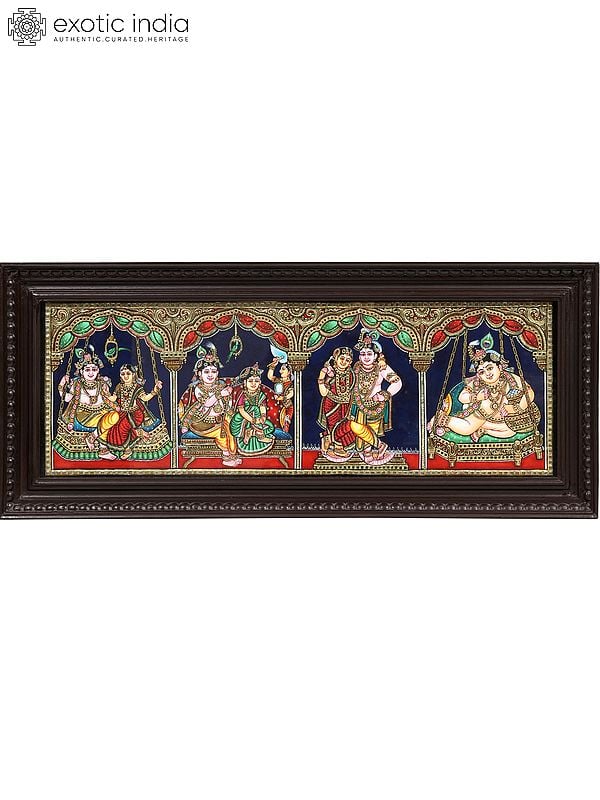 34" Lord Krishna in Four Frames | Traditional Colors with 24 Karat Gold | Framed Tanjore Painting