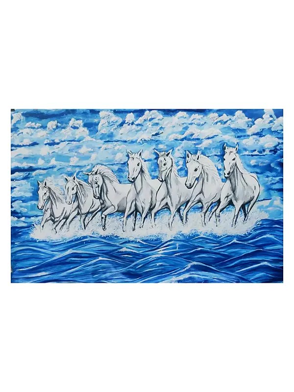 7 Running White Horse On Water | Oil On Canvas | By Devidas Bagade