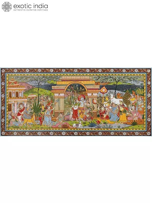 Lord Krishna with Gopikas - Celebration View of Vrindavan | Pattachitra Painting From Odisha