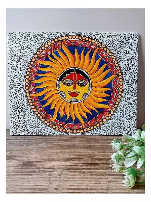 Painting of Sun with Rays in Madhubani Style | Acrylic on Canvas | By Rina Patwa