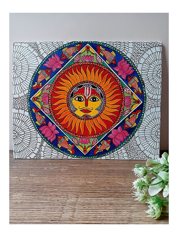 Madhubani Sun with Fish Circle | Acrylic on Canvas | By Rina Patwa