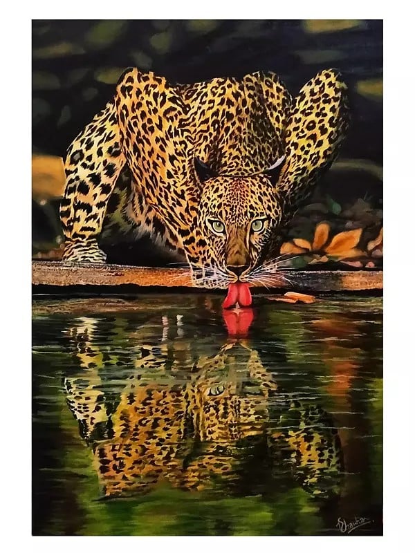 Leopard Drinking Water | Acrylic On Canvas | By Deeksha Chauhan