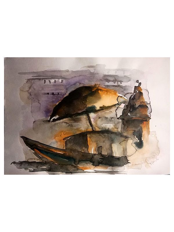 A Silent Ghat And Boat | Watercolor On Paper | By Raj Kumar Singh
