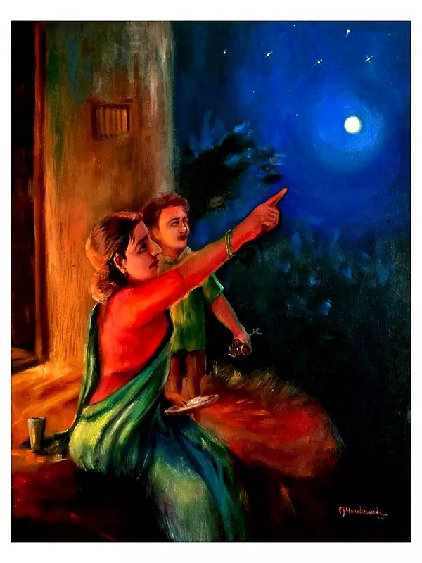 Mother And Son In Moonlight Night | Oil On Canvas | By Prashant Honakhande
