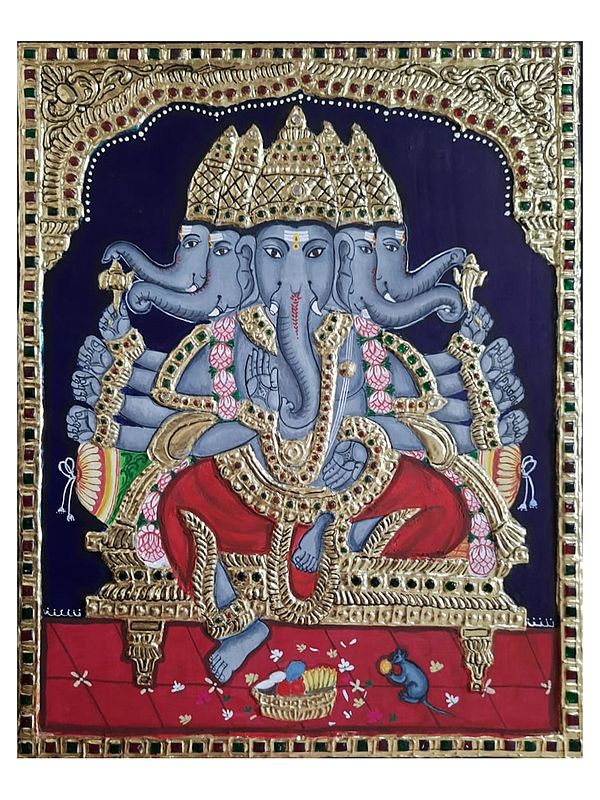 Lord Ganesha With Mushak | Tanjore Painting | Traditional Color With 22K Gold Work