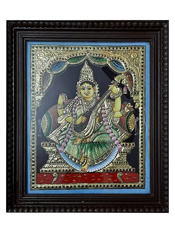 Goddess Saraswati Playing Veena Tanjore Painting | Traditional Color With 22K Gold Work | Framed