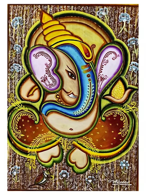Seated Ganesha With Mushaka | Acrylic On Paper | By Mohit Yadav