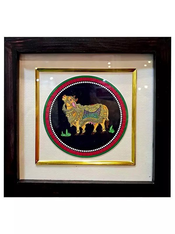 Painting of Kamdhenu Cow with Frame | Natural Colors on Paper | By Babita