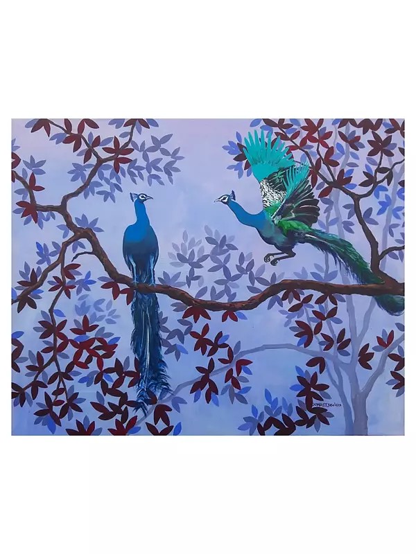 Beautiful Peafowl On Tree | Acrylic On Canvas | By Debrata Basu
