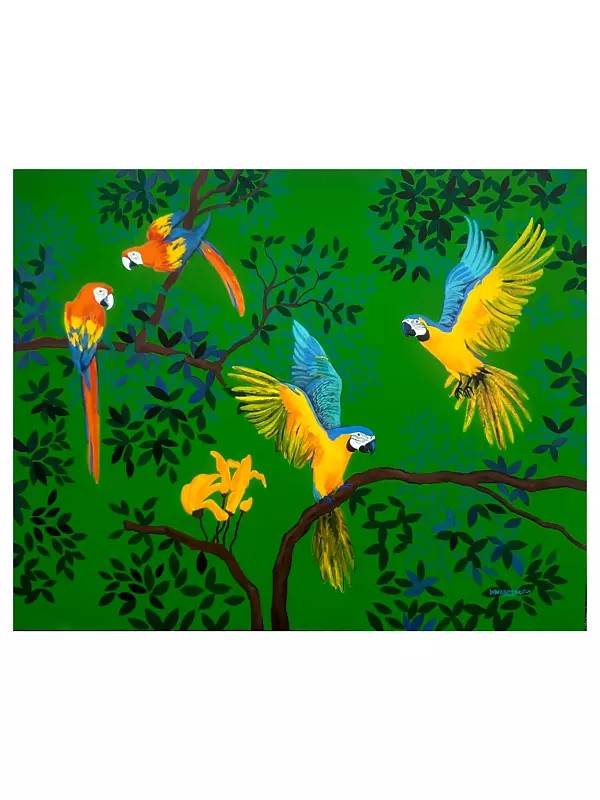 Parrots On The Tropical Branches | Acrylic On Canvas | By Debrata Basu