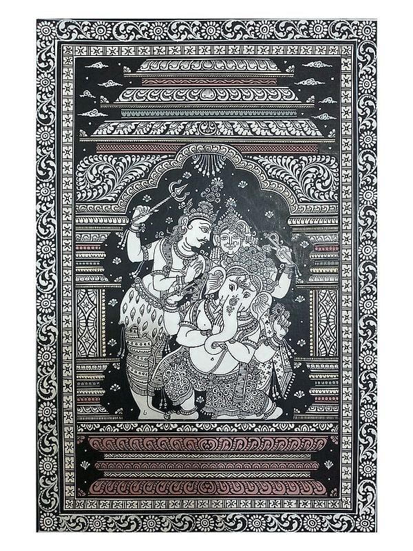 Lord Ganesha With Shiva And Parvati | Watercolor On Handmade Sheet | By Jayadev Moharana