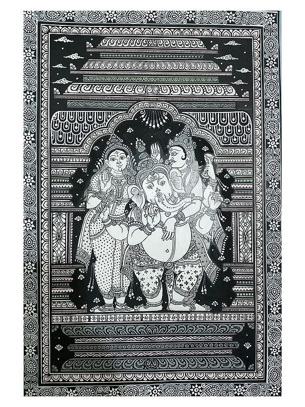 Goddess Parvati And Shiva With Ganesha | Watercolor On Handmade Sheet | By Jayadev Moharana