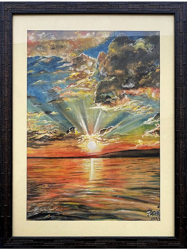 Painting of Ocean Sunrise with Frame | Watercolor on Sheet | By Jashanpreet Kaur