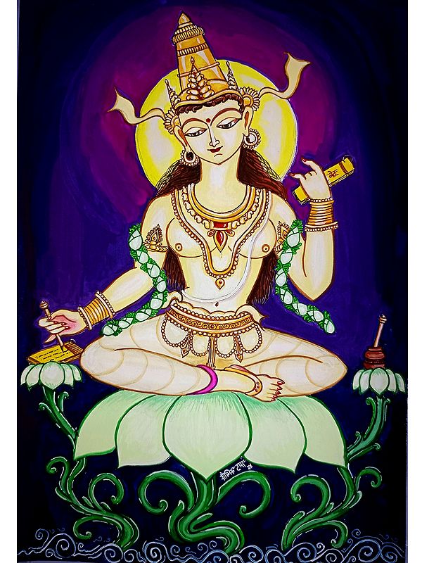 Goddess Saraswati On Lotus | Poster Color On Paper | By Soumick Das