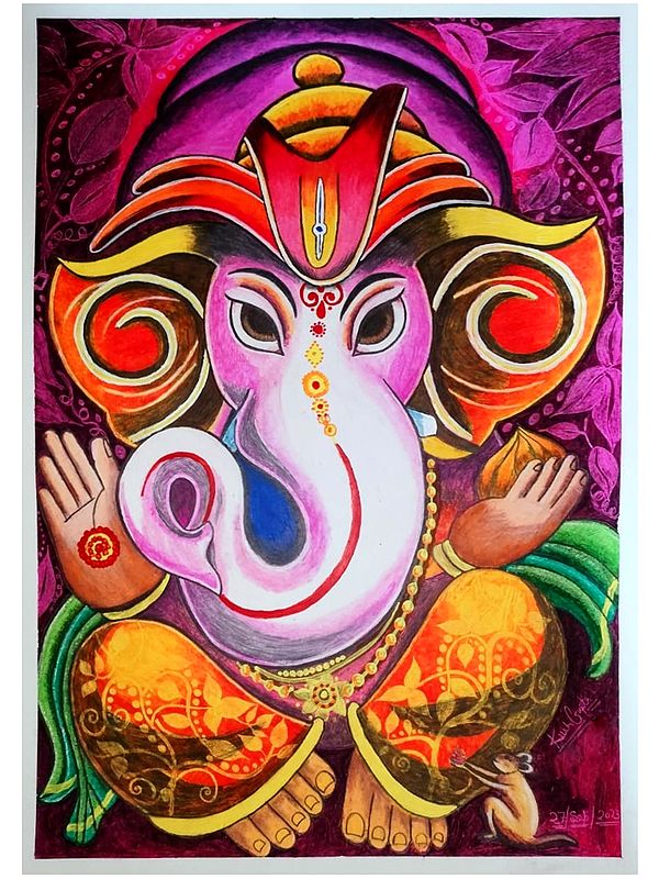 Lord Ganesha with Peaceful Eyes | Oil Pastel on Paper | By Kush Gupta | Without Frame