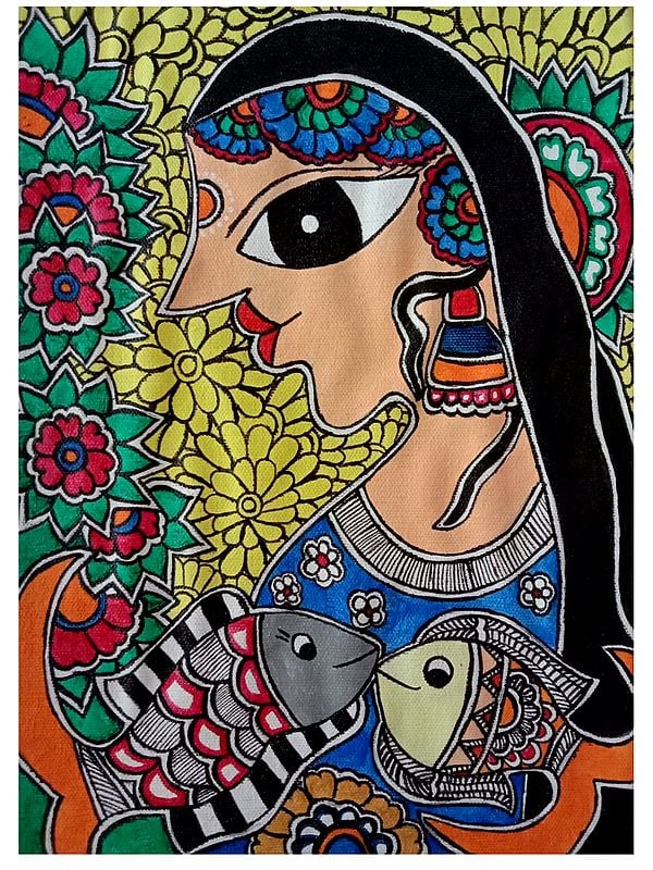 Woman and Fishes - Madhubani Art | Acrylic on Canvas | By Kush Gupta