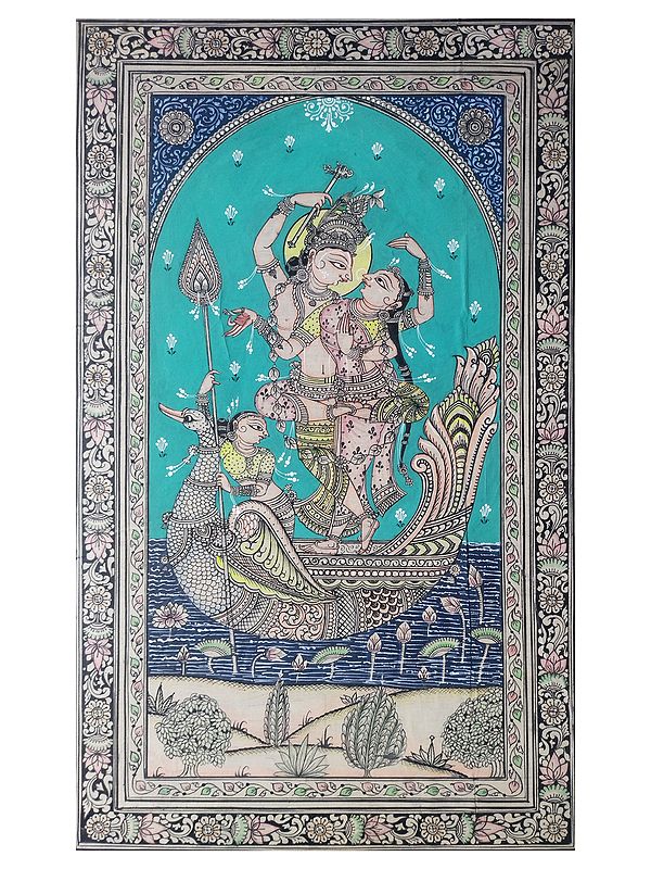 Radha And Krishna In Swan Boat | Natural Color On Handmade Sheet | By Rakesh Kumar