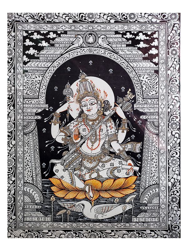 Goddess Saraswati On Lotus | Natural Color On Handmade Sheet | By Rakesh Kumar