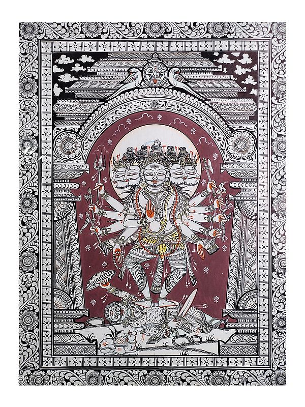 Panchamukhi Lord Shiva With Ten Arms | Natural Color On Handmade Sheet | By Rakesh Kumar