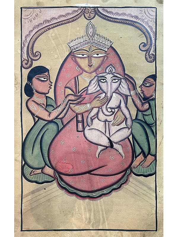 Ganesha On Lap Kalighat | Stone Colors On Handmade Canvas